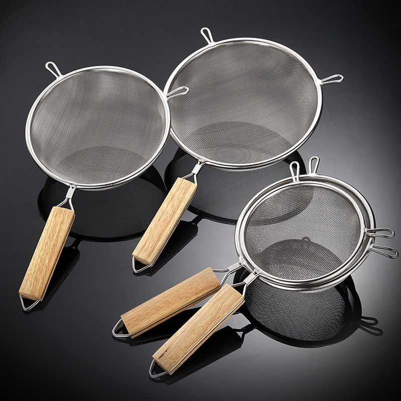 Stainless steel soy milk filter with wooden handle, double-ear colander for frying, medicine residue strainer, juice filter net 304