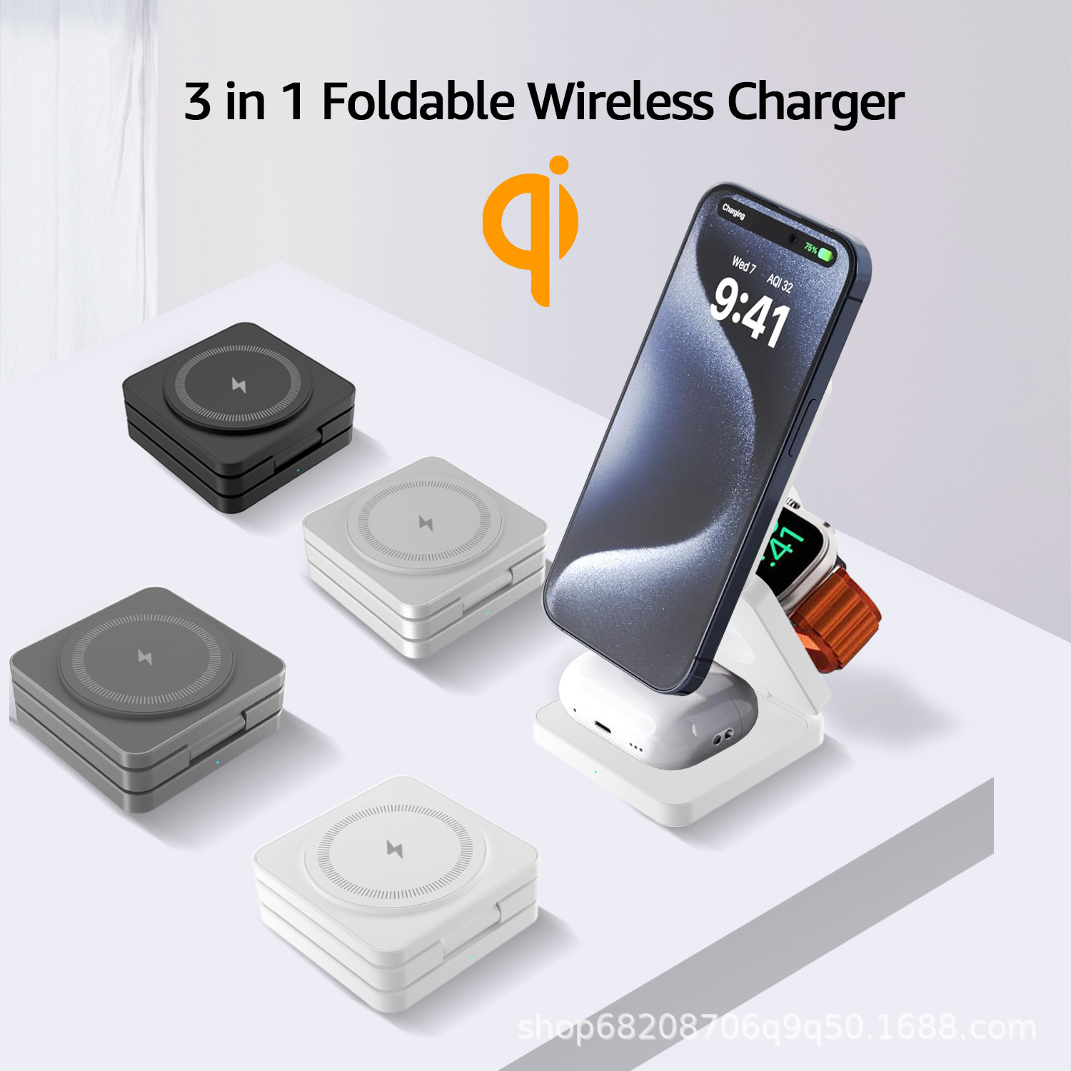 iw30Pro-Qi Version 3-in-1 Foldable Wireless Charger for iPhone, Earphones, Watch, and