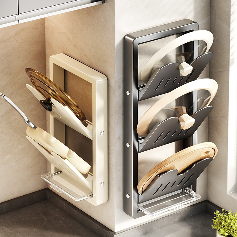 Kitchen No-Drill Pot Lid Holder Multi-Functional Wall-Mounted Storage Rack Cutting Board Holder