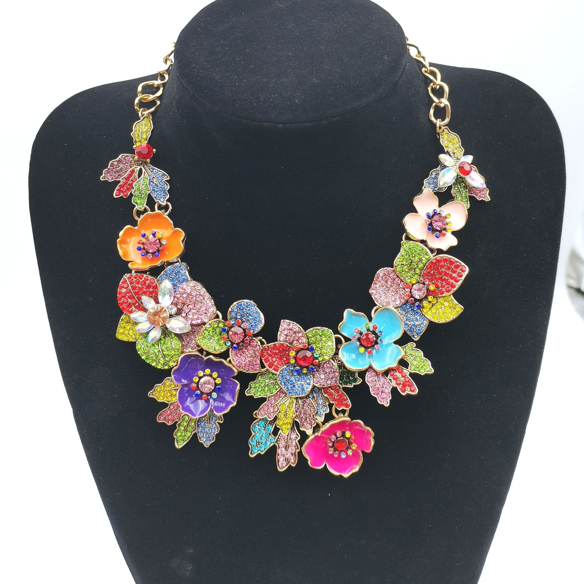 Full rhinestone exaggerated flower necklace colorful gorgeous bride necklace painting collarbone chain