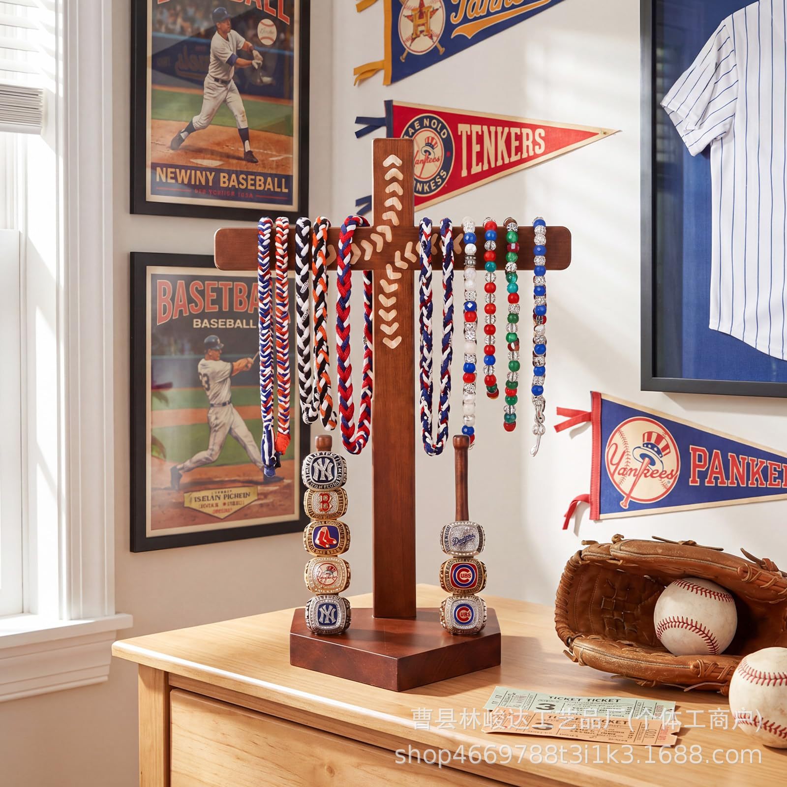 Desktop necklace storage rack, wooden softball ring multi-layer jewelry display stand, stall drip necklace stand
