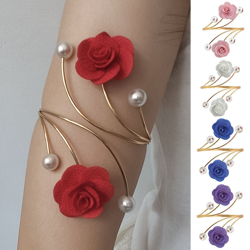 New metal open adjustable simulated pearl three-dimensional flower arm ring niche accessory