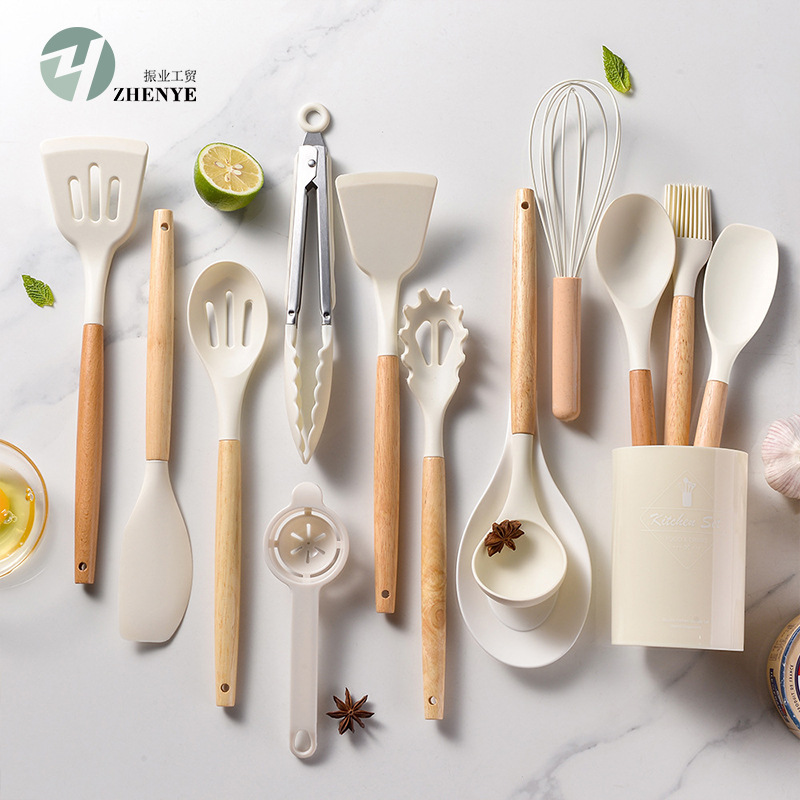 Light Version 750g Silicone Kitchen Utensil Set Wooden Handle 14-Piece Set Kitchen Tools Cooking Spatula Spoon Set 14-Piece Set