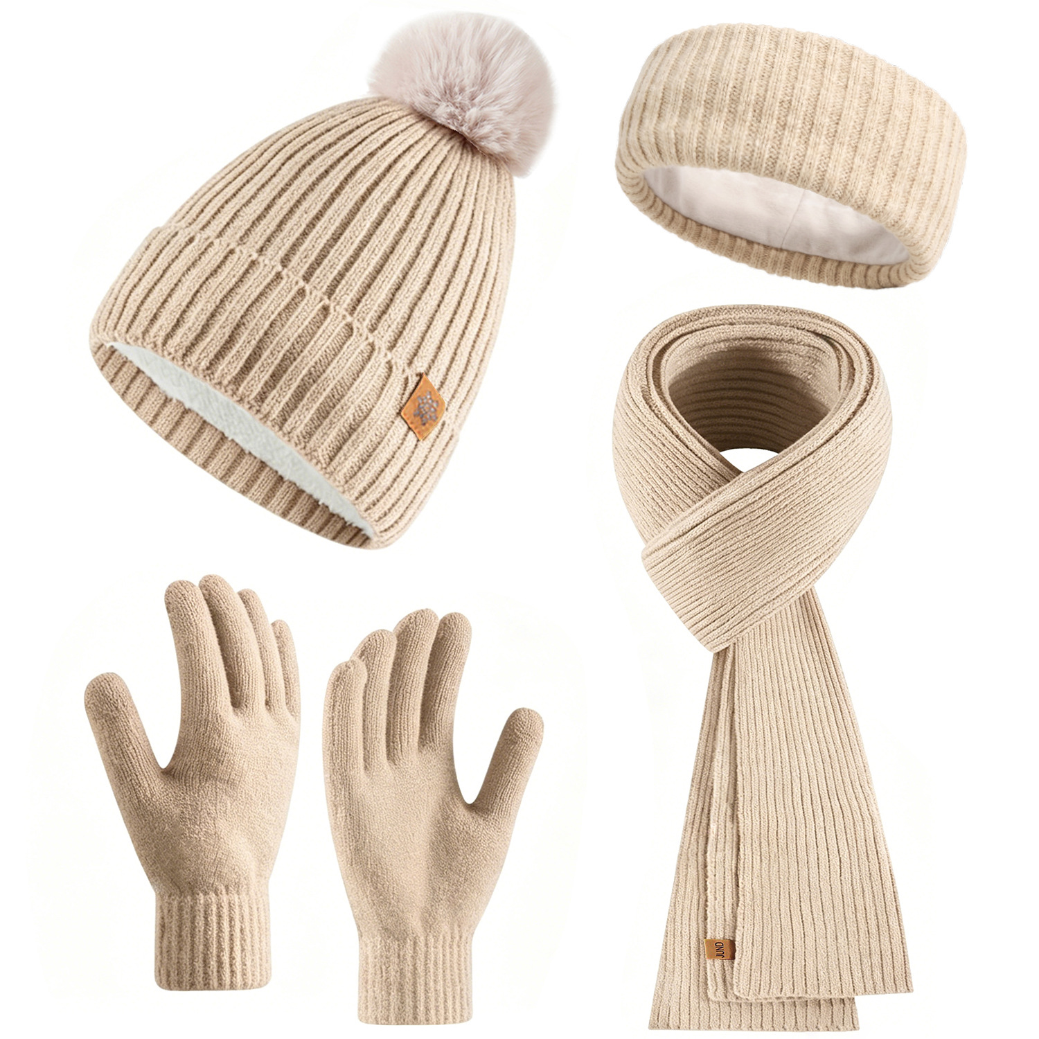 Autumn Winter Knitted Hat Scarf Gloves Headband Four-Piece Set Double-Layer Fleece-Lined Cold-Proof Warm Knit Hat