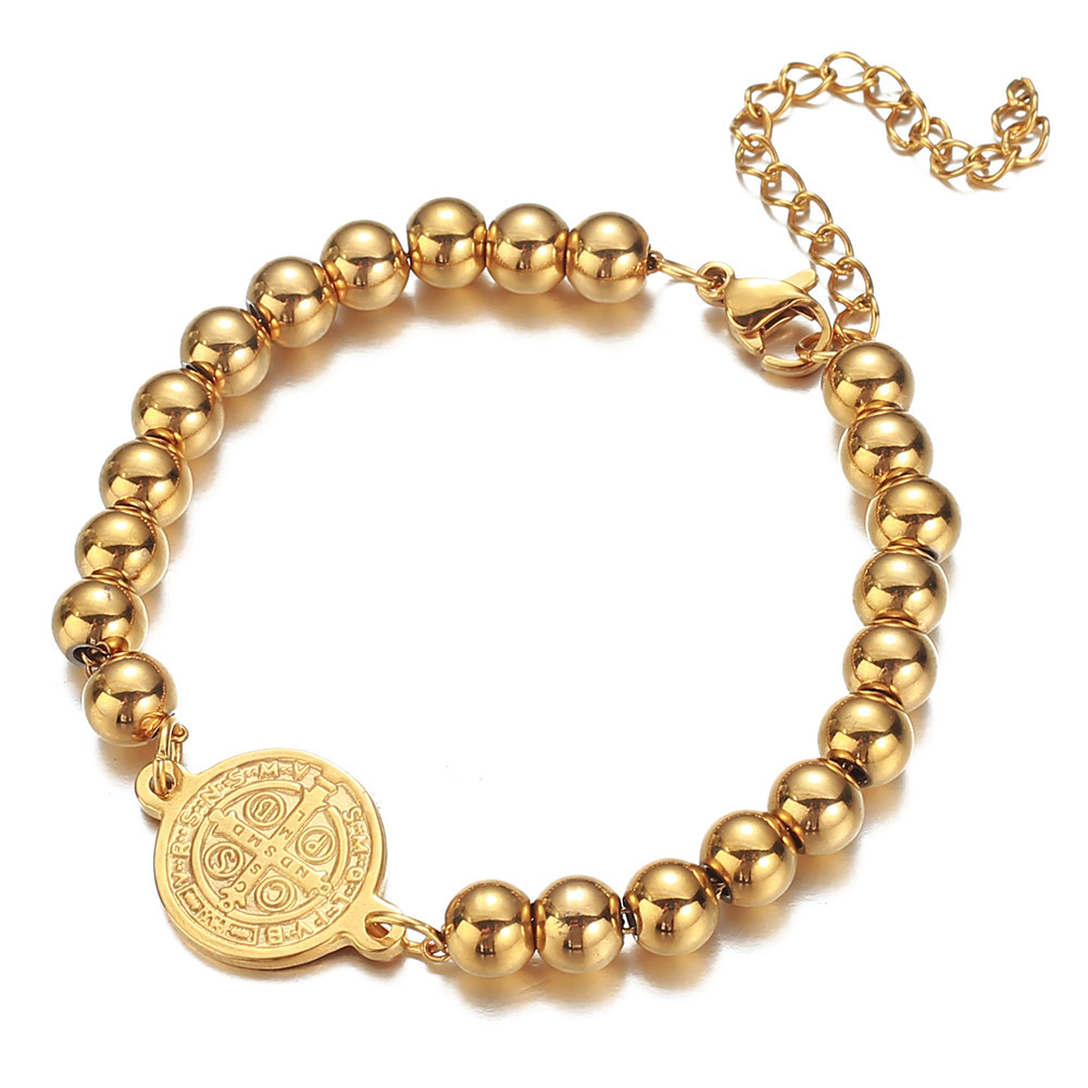 Stainless steel minimalist gold bead bracelet with Western figure round coin pendant, stainless steel bead bracelet