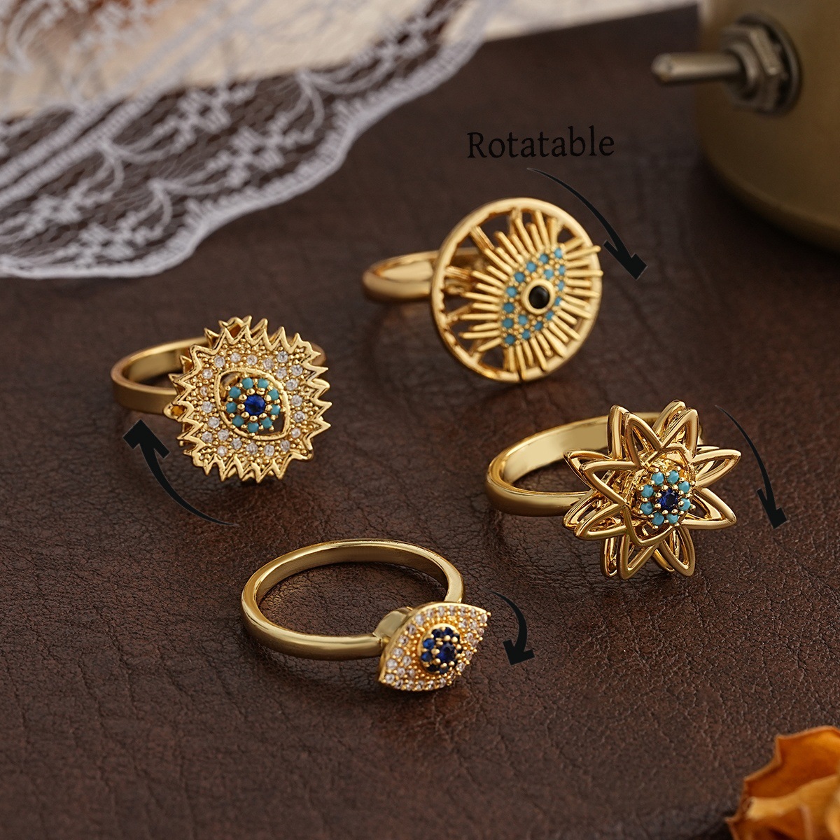 New Product Copper Plated Real Gold 360 Rotating Ring Women's Evil Eye Blue Zircon Open Ring