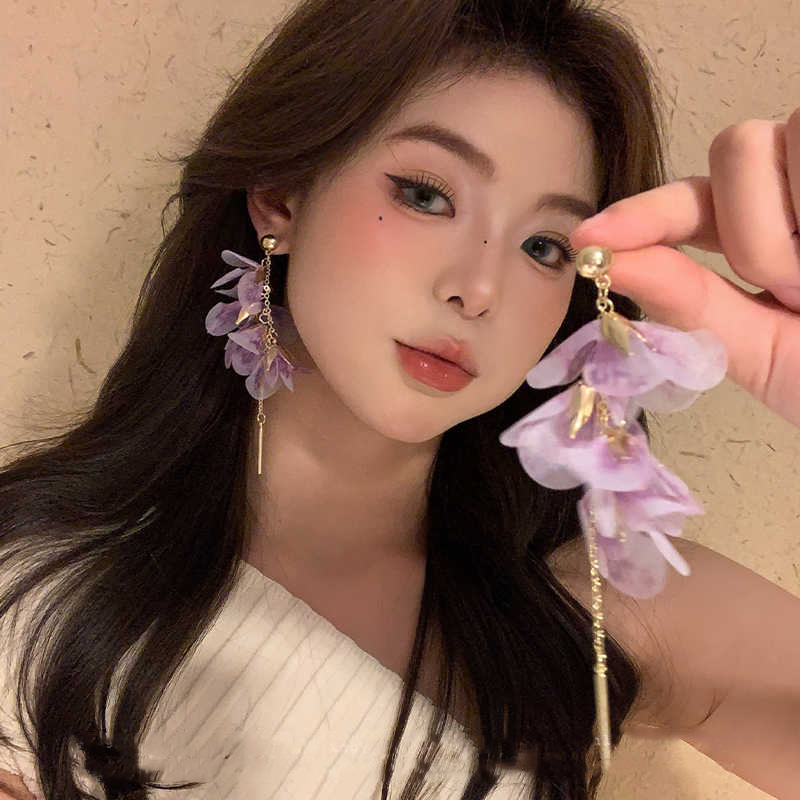 Fresh Pastoral Style Organza Gradient Petal Tassel Earrings Ear Accessories Earrings