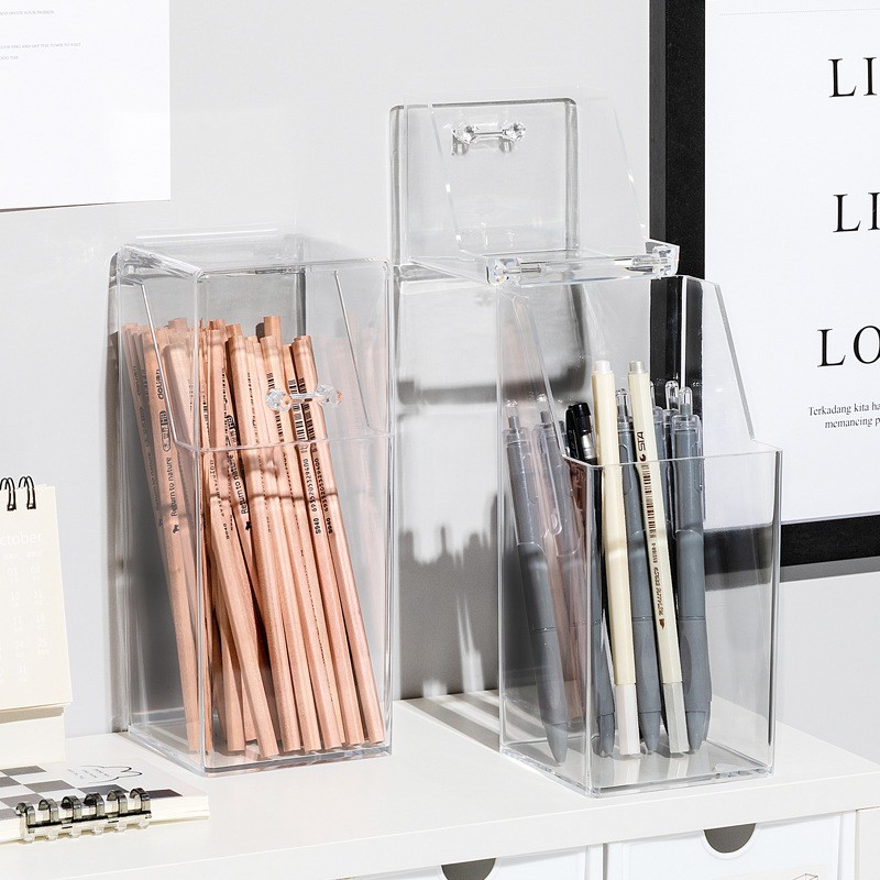 Multifunctional acrylic makeup brush storage tube with lid dustproof transparent eyebrow pencil with pearl storage bucket organizer