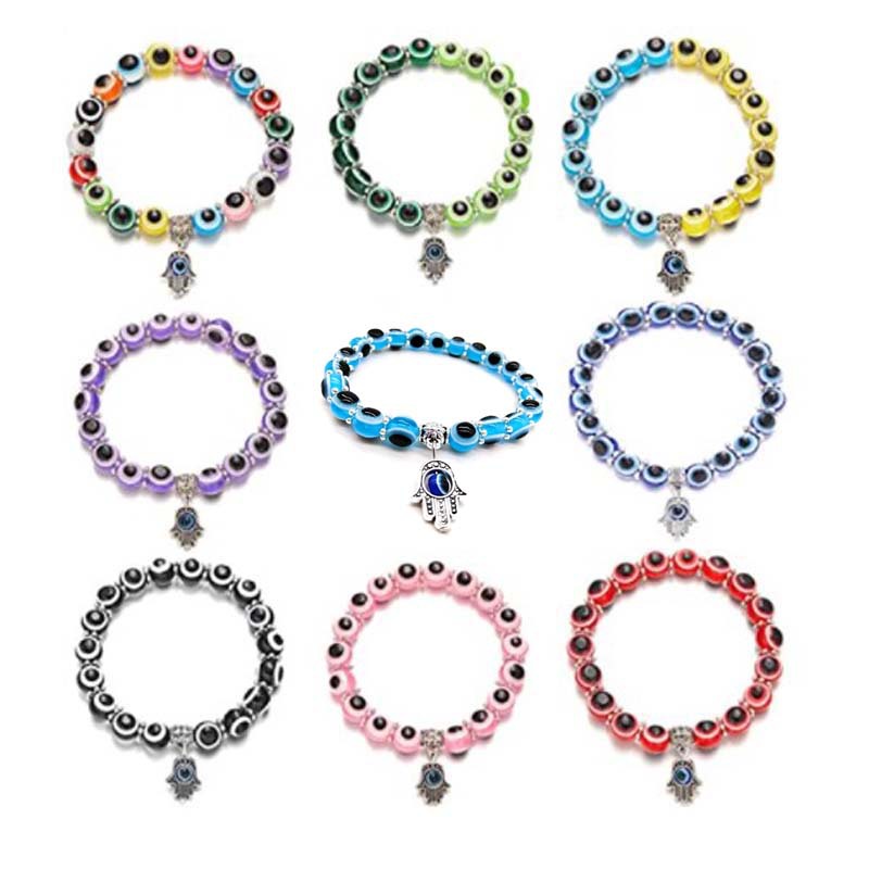 Resin Round Bead Evil Eye Beaded Bracelet Hand of Fatima Pendant Bracelet