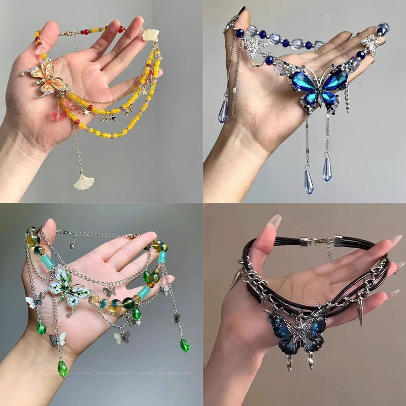 Summer New Butterfly Tassel Beaded Necklace for Women Niche Heavy Craft Sweet Cool Collarbone Chain
