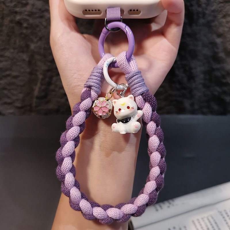 Hydrangea Phone Lanyard Hand Wrist Strap Black Brown Woven Cotton Rope Pendant Anti-Loss Phone Chain Women Cat Pendant