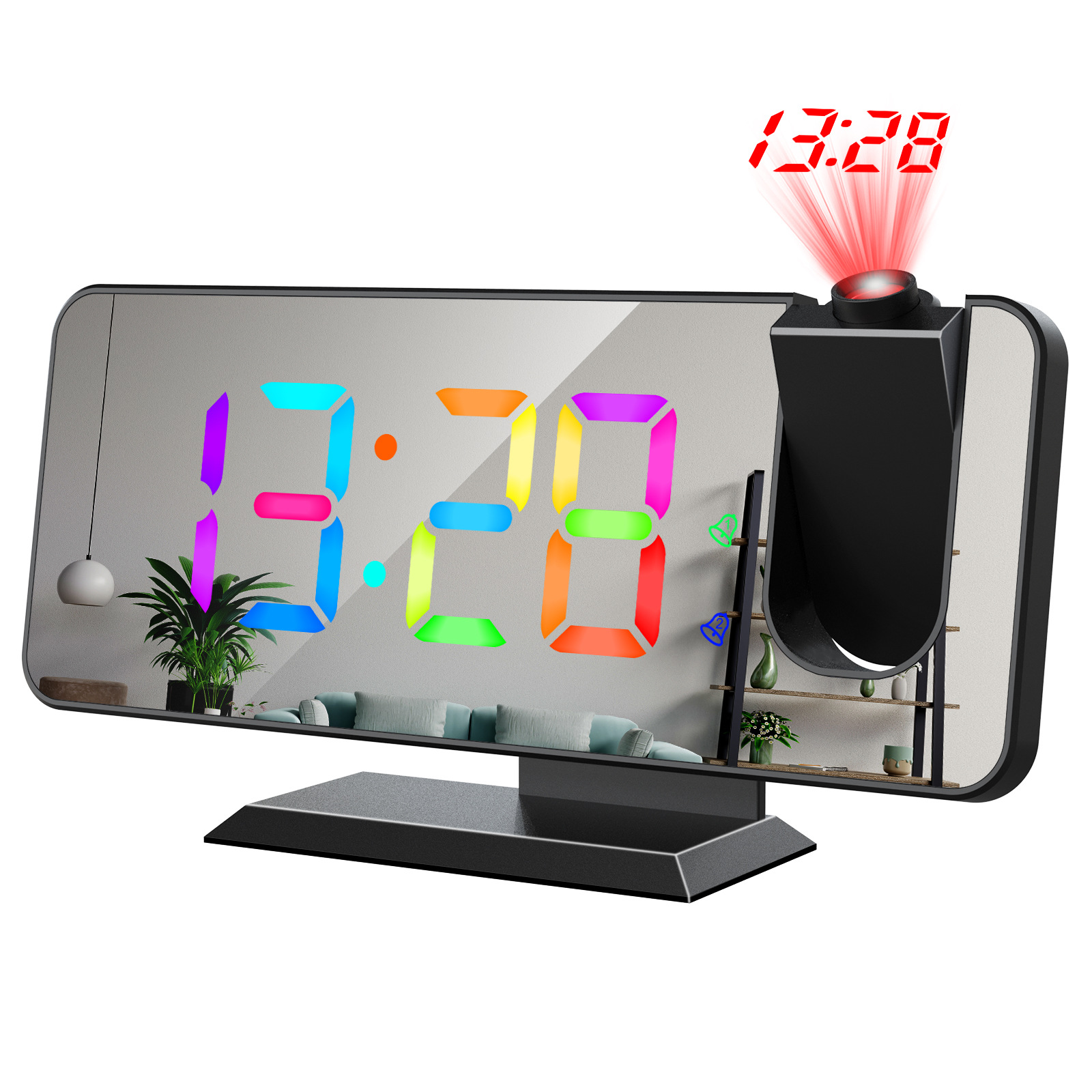 New Large Screen Mirror Dual Alarm RGB Colorful Gradient Projection Clock Electronic Clock