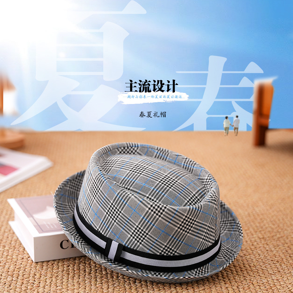 New Hat Men's Summer Short Brim Sun Plaid Jazz Gentleman Hat Women's British Round Top Fedora