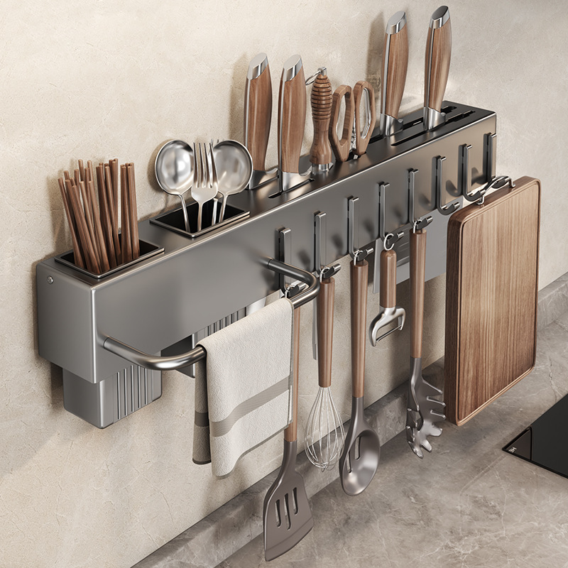 Kitchen knife rack, wall-mounted knife holder, no drilling, knife storage, chopstick holder integrated