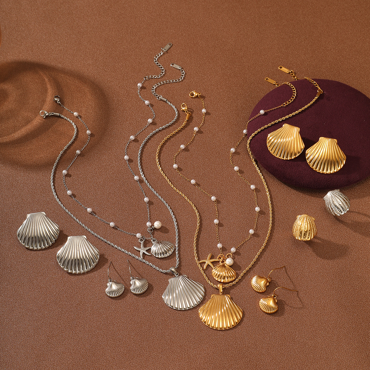 New Ocean Shell Pearl Titanium Steel Necklace Set for Women Stainless Steel Pendant