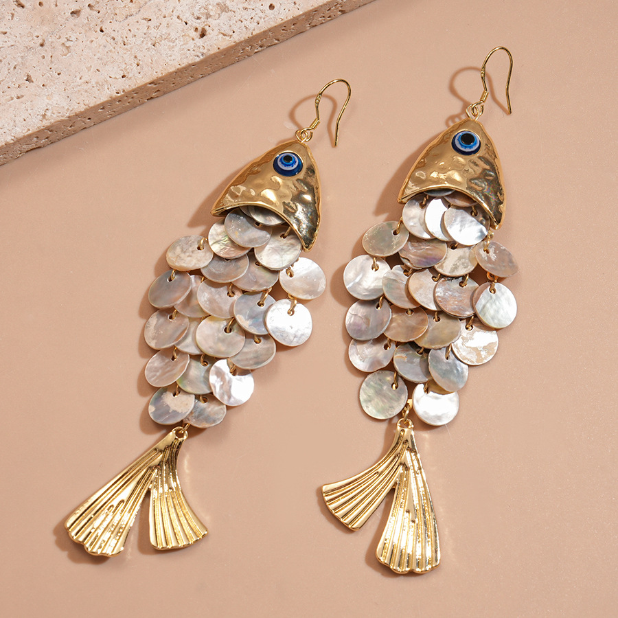 Fish-Shaped Shell Tassel Ear Hook Beach Vacation Style Earrings for Women