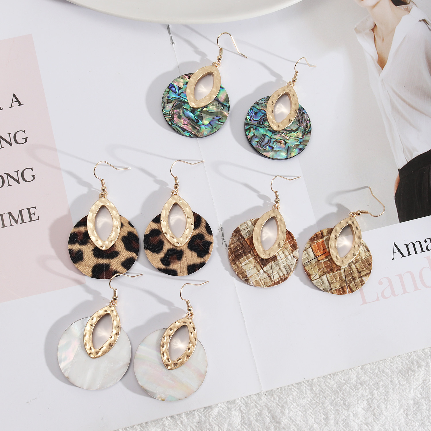 Design Wind Accessories Leather Inlaid Round Abalone Shell Exquisite Earrings