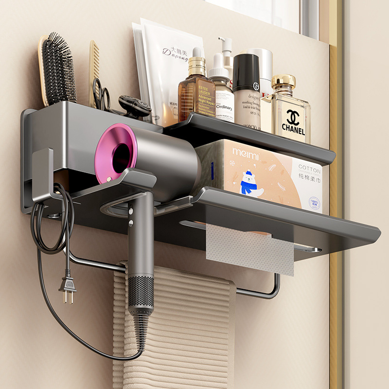 No-drilling Bathroom Hair Dryer Storage Bracket Toilet Wall-mounted Hair Dryer Cord Winder Tissue Hook Storage