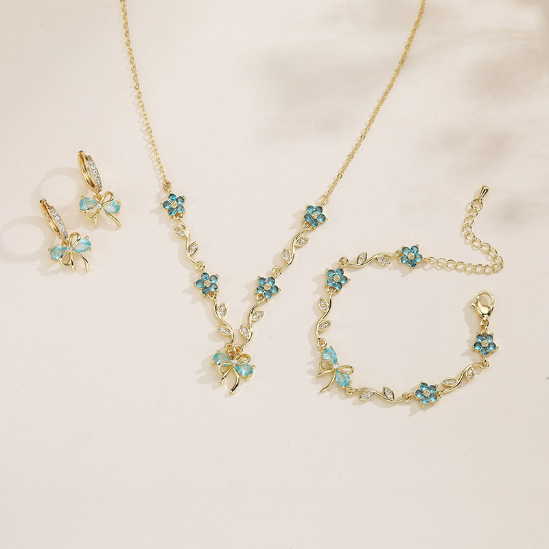 Copper Inlaid Colorful Diamond Branch and Five-Petal Flower Bracelet, Necklace, Earrings, and Bowknot Flower Set