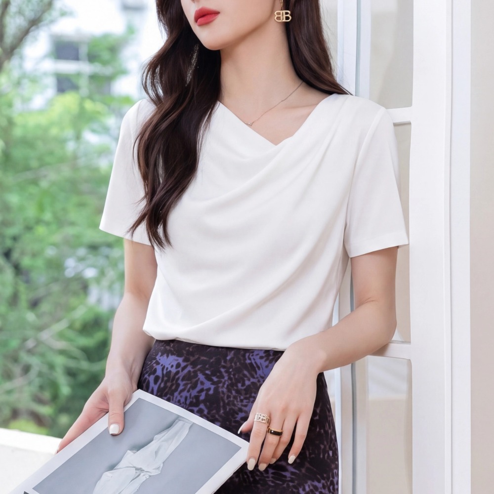 White T irregular draped collar pleated cool acetate T-shirt women summer elegant waist short-sleeve top