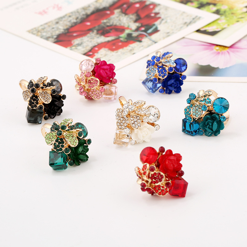 Accessories colorful crystal gemstone open ring resin flower finger ring