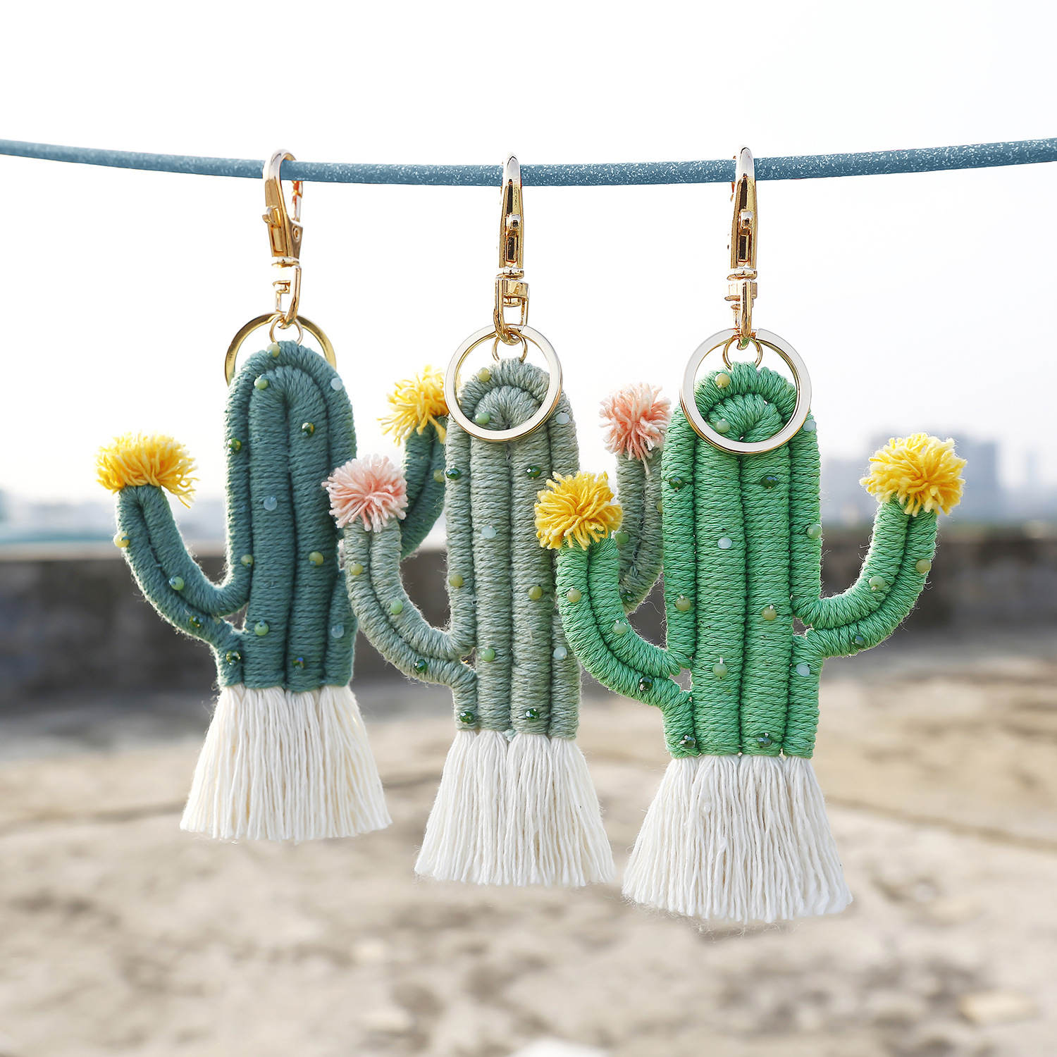 Green Plant Cactus Keychain Bohemian Seed Bead Handwoven Handmade Bag Pendant