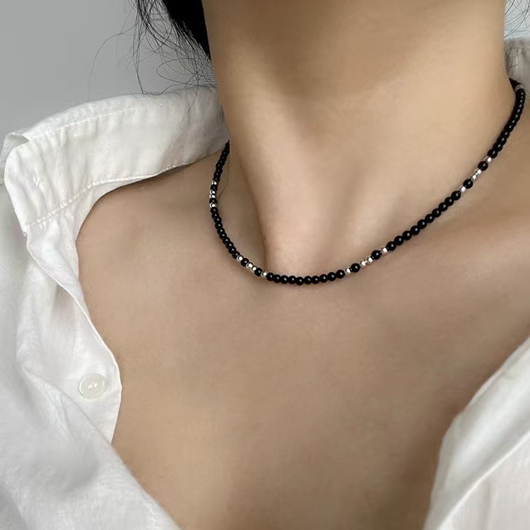 Natural black agate bead necklace for women fever niche layered S925 silver collarbone chain sweater chain
