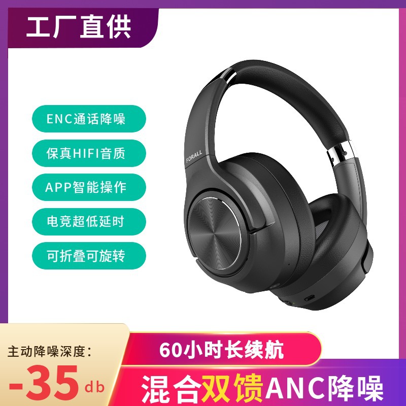 Hybrid dual-feed ANC over-ear wireless Bluetooth earphones 35dB active noise cancellation over-ear headphones