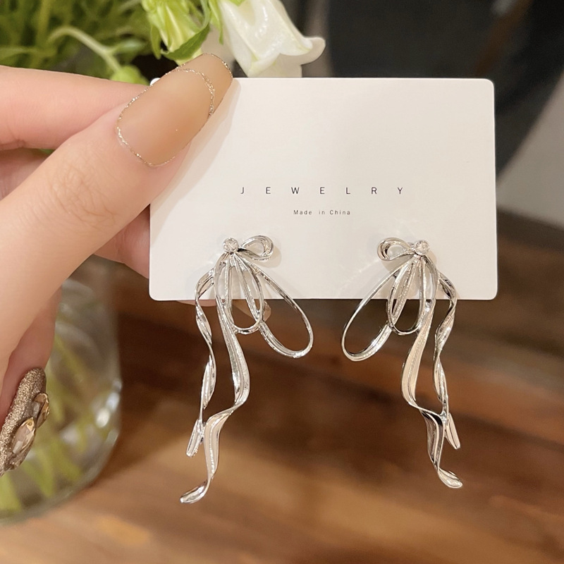 S925 silver needle irregular bow ear studs fairy sweet cool metallic earrings ear accessories 5368