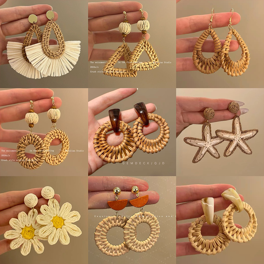 Bamboo rattan straw woven circle earrings women exaggerated earrings Bohemian ear accessories