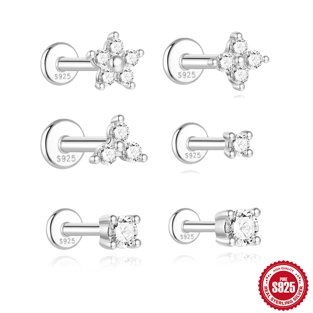 New S925 sterling silver four-claw moissanite flat head threaded cartilage ear stud ear bone stud