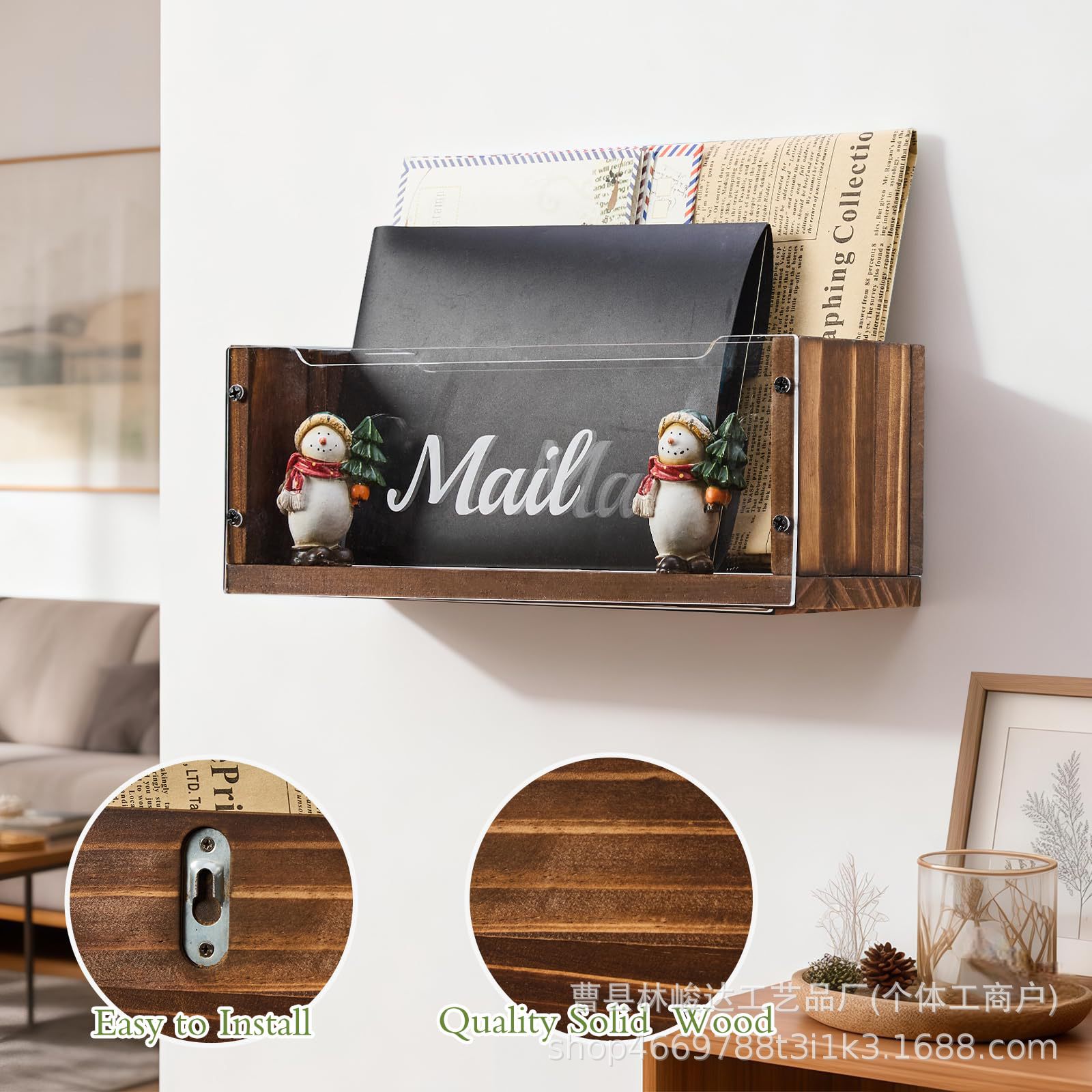 Wall-mounted mail organizer, wooden entryway letter and card storage box, multifunctional desktop storage