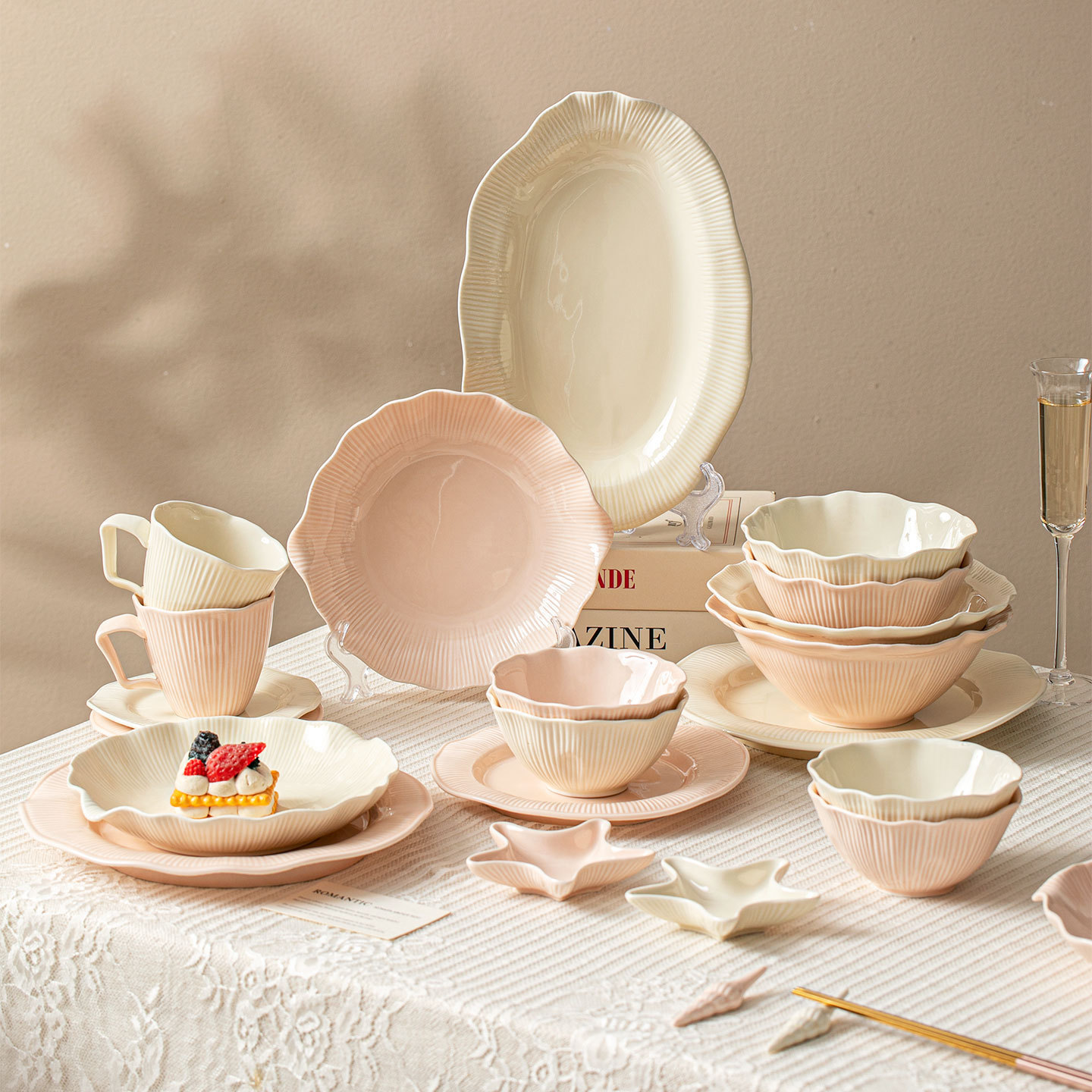 Ceramic bowl plate dish set cream style simple home rice bowl vegetable plate cup bowl chopsticks combination bowl