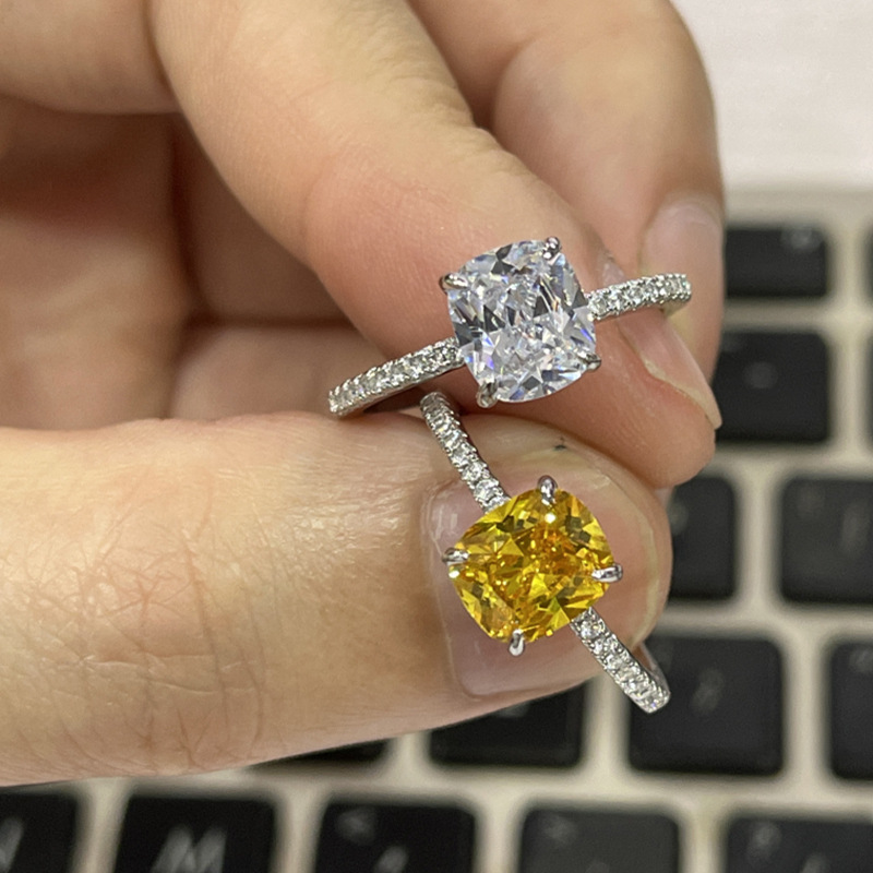JZ529 Fat rectangular yellow diamond cubic zirconia 1.5 carat micro-set ring women's ice flower diamond ring
