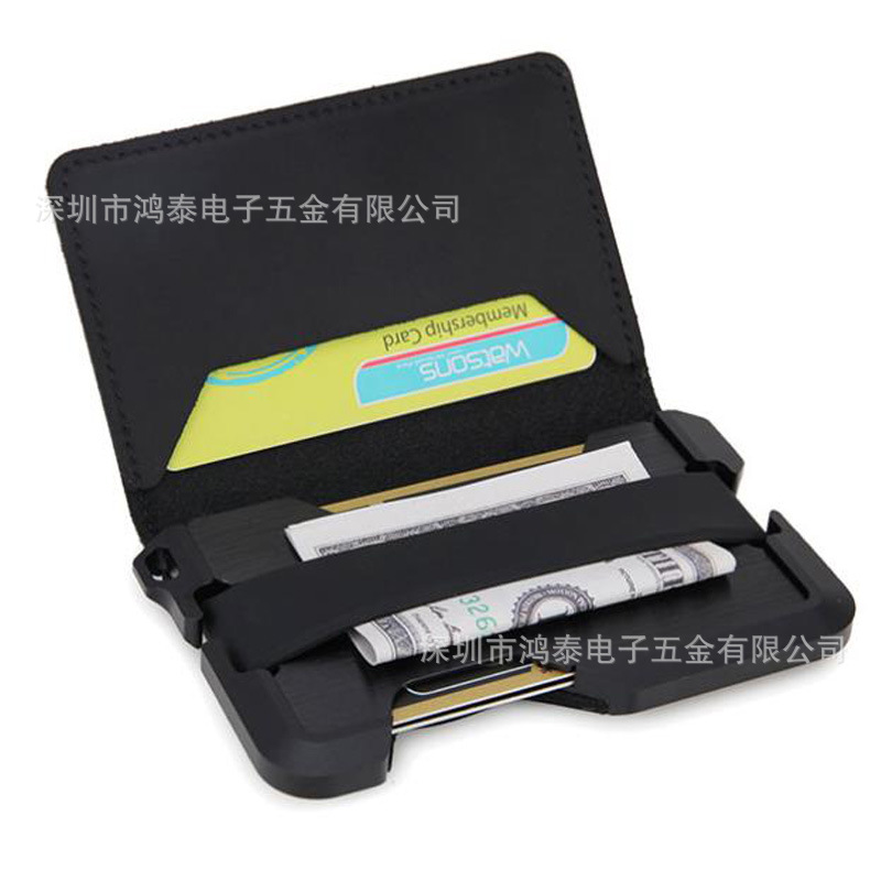 Special Supply Top Layer Leather Aluminum Alloy Card Case Microfiber Leather Metal Wallet Dual Fold Design RFID Shielding Function