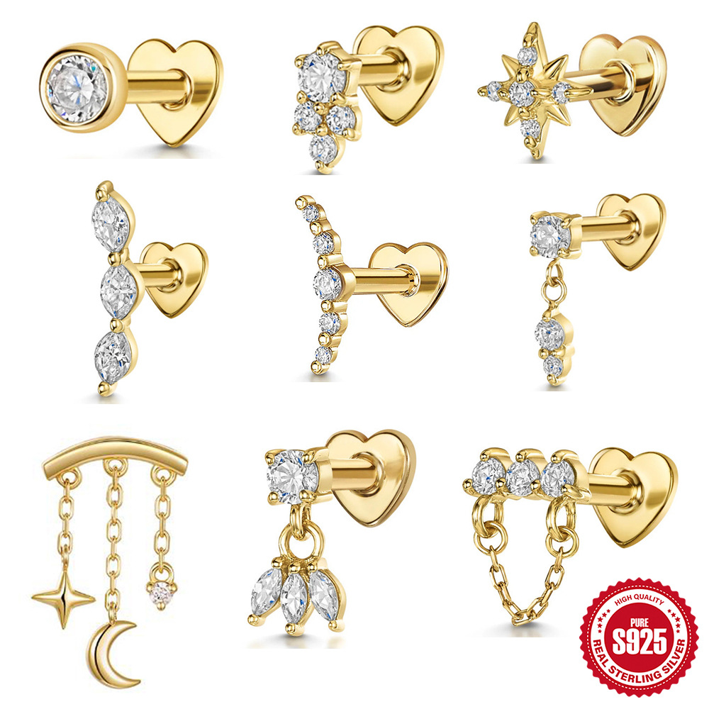 S925 sterling silver tassel chain diamond-set heart flat head threaded ear bone studs women's ear accessories