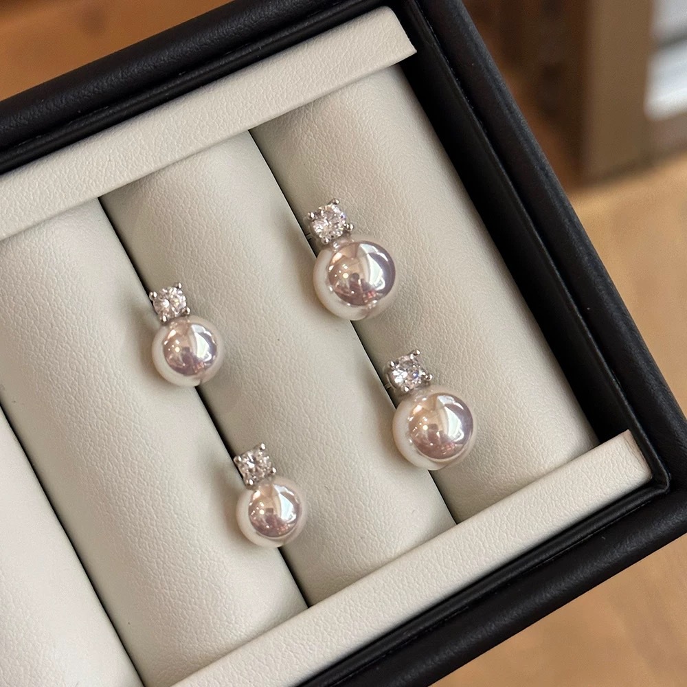 925 silver needle mirror artificial Tiannu Daifei pearl ear studs princess zircon earrings