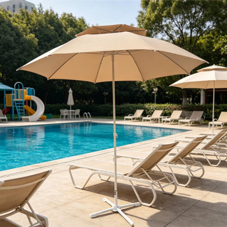 Outdoor 3m center pole umbrella, courtyard umbrella, double-layer fiber wind-resistant umbrella, double-bone fiber beach umbrella