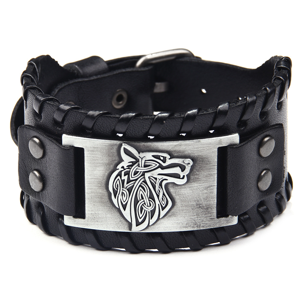 Men's Alloy Wolf Head Accessories Wide Leather Bracelet New Woven Bracelet Cowhide Bracelet