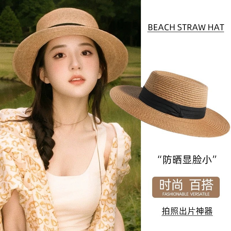 Flat Top Woven Straw Hat for Women, Sweet Beach Sun Protection Fisherman Hat, Wide Brim, Face Slimming Basin Hat
