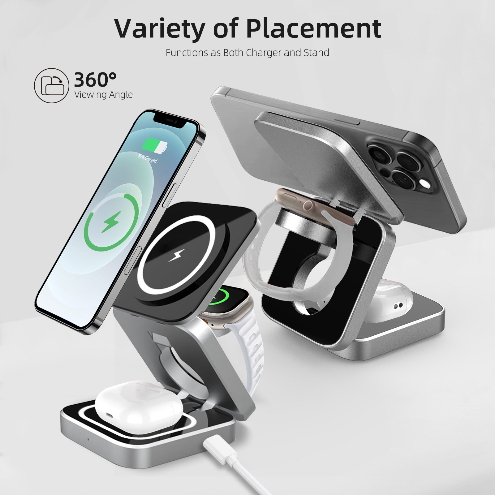 New 3-in-1 Magnetic Wireless Charger Phone Fast Charging Foldable Stand Earphone Watch Wireless Charging