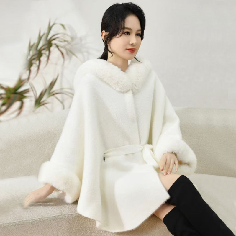 830# Autumn Winter Large Fur Collar Imitation Mink Hood Belt Shawl Knitted Cardigan Coat Cape