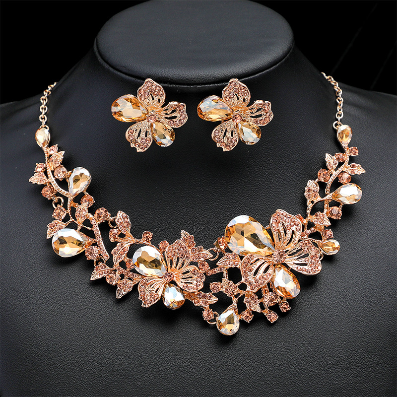 Exaggerated Necklace Earring Set Women Alloy Chain Flower Bride Accessories