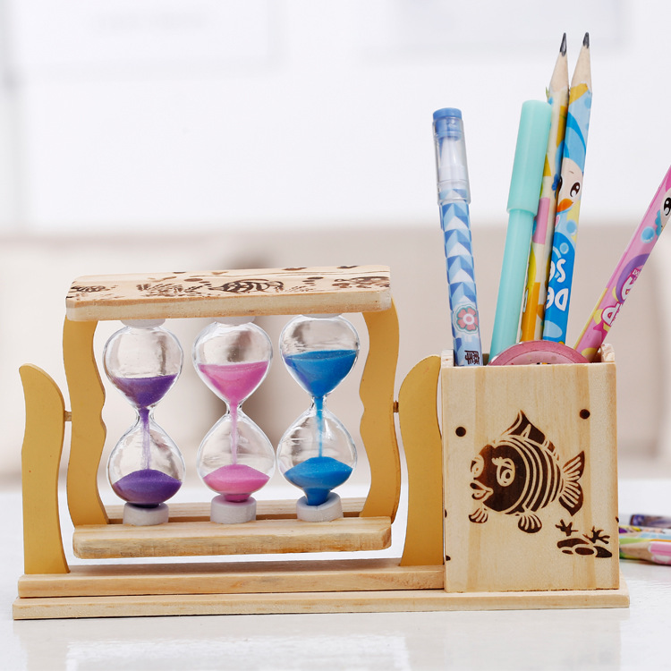 Three Flowing Sand Pen Holders Hourglass Wooden Pen Holder Combination Ornament Student Stationery Gift Stationery Store