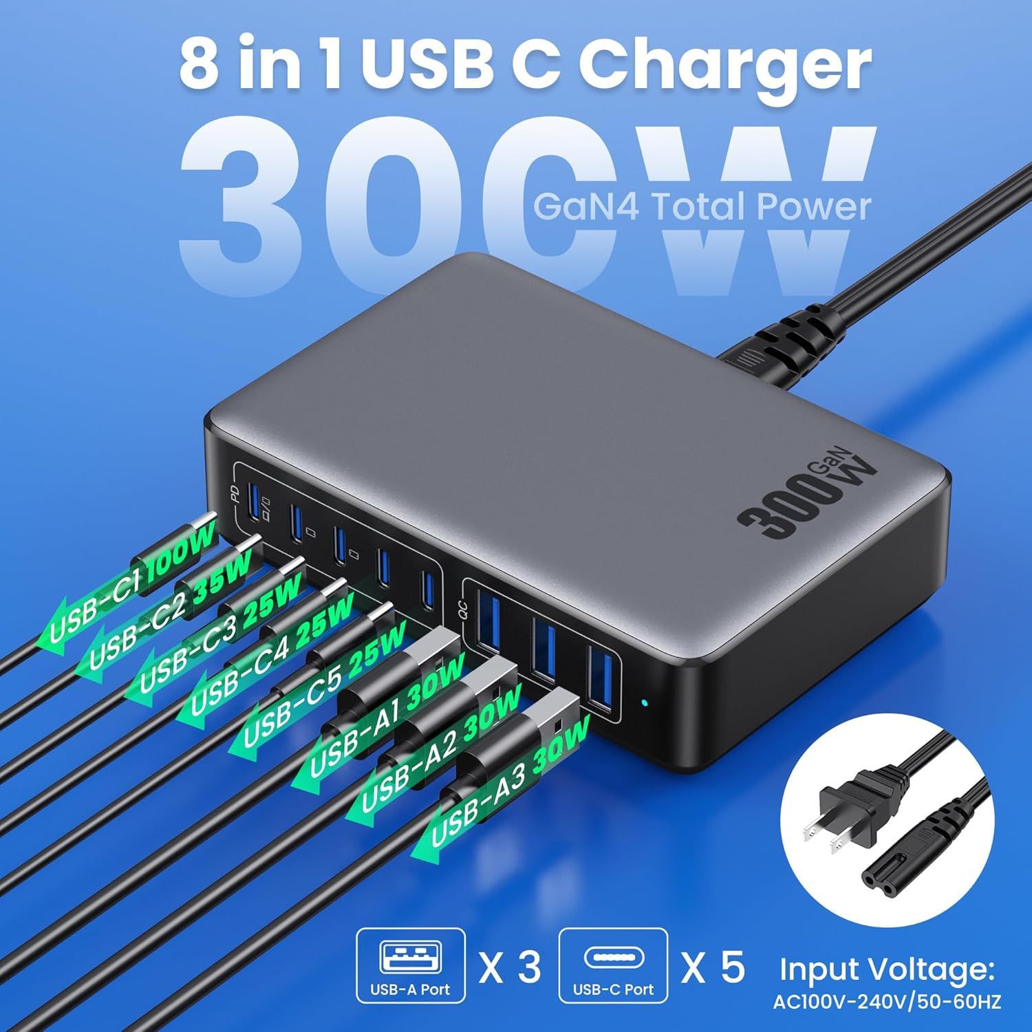 Strictly Selected GaN 300W Mobile Phone Multi-Port Charger TYPE-C Multi-Port High Power Desktop Charging Station