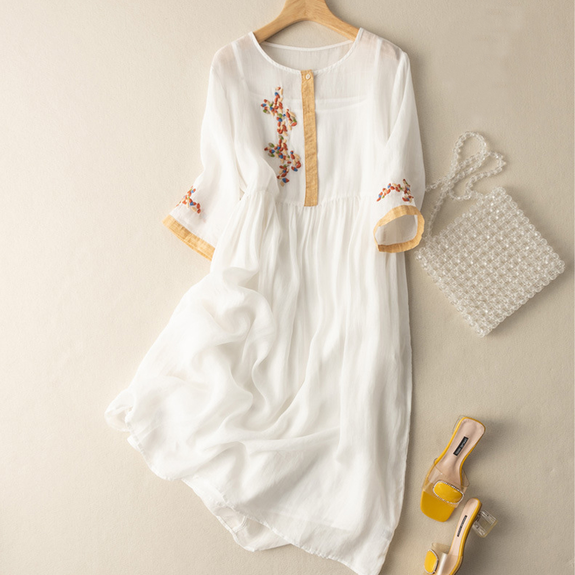 New Chinese style cotton-linen seven-point sleeve dress ethnic style summer loose middle-aged dress long dress