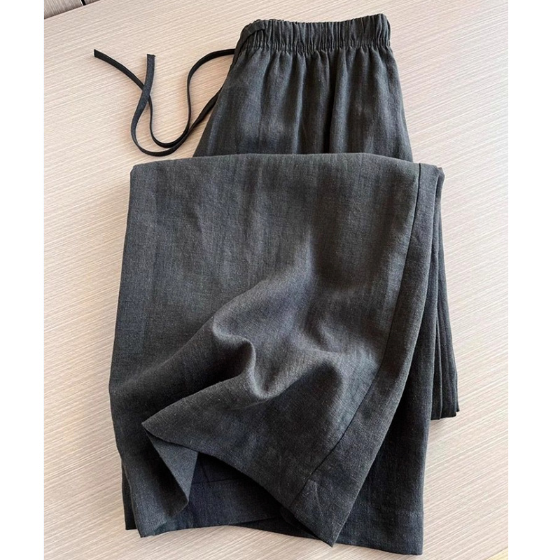 Super Hot! Old Money Relaxed Style~ Charcoal Black Elastic High-Waist Drawstring Linen Cotton-Linen Wide-Leg Pants