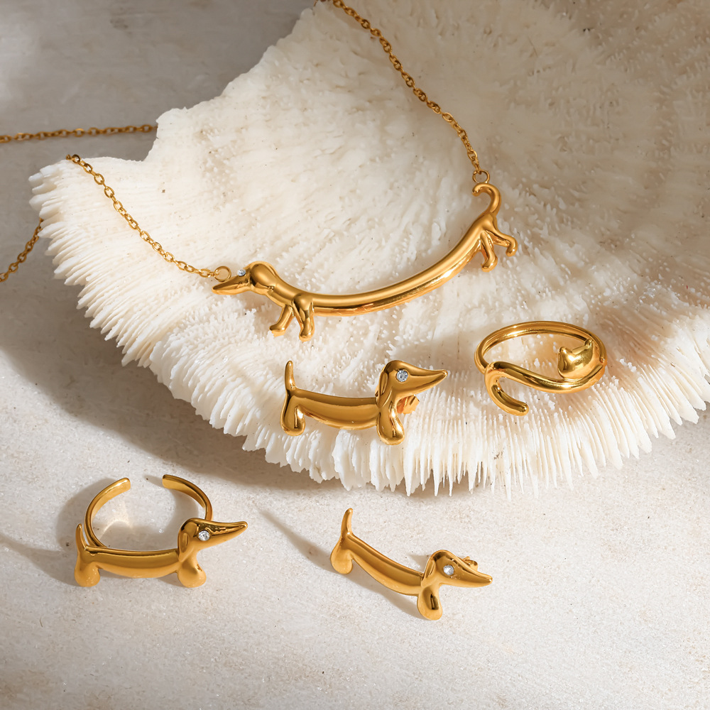 Cute 18k gold puppy dachshund stainless steel ring necklace jewelry set ear jewelry accessories