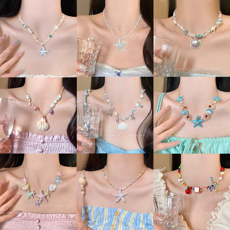 Seaside resort style natural shell bead adjustable necklace hand-woven rope sweet style collarbone chain