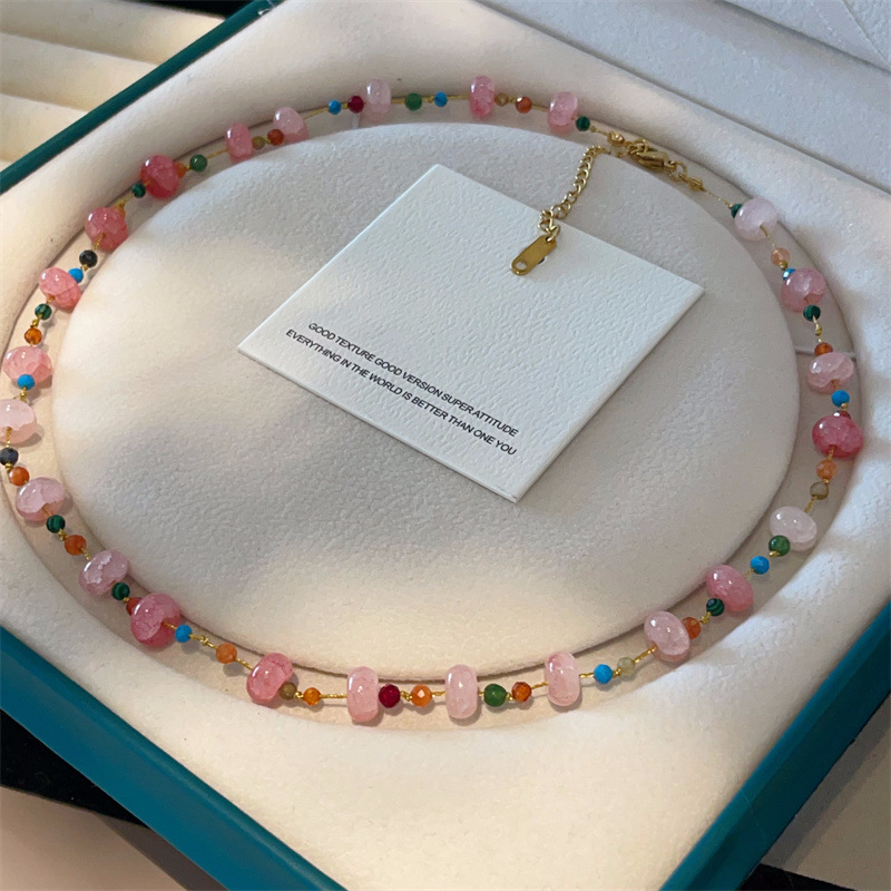 Fresh Natural Stone Rose Quartz Necklace Large and Small Beads Peace Button Crystal Necklace Delicate Collarbone Chain